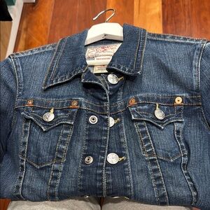 True Religion Dark Blue Denim Jacket with Button Accent.